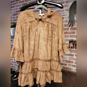 Easel Brown Hooded Dress with Tie Neck